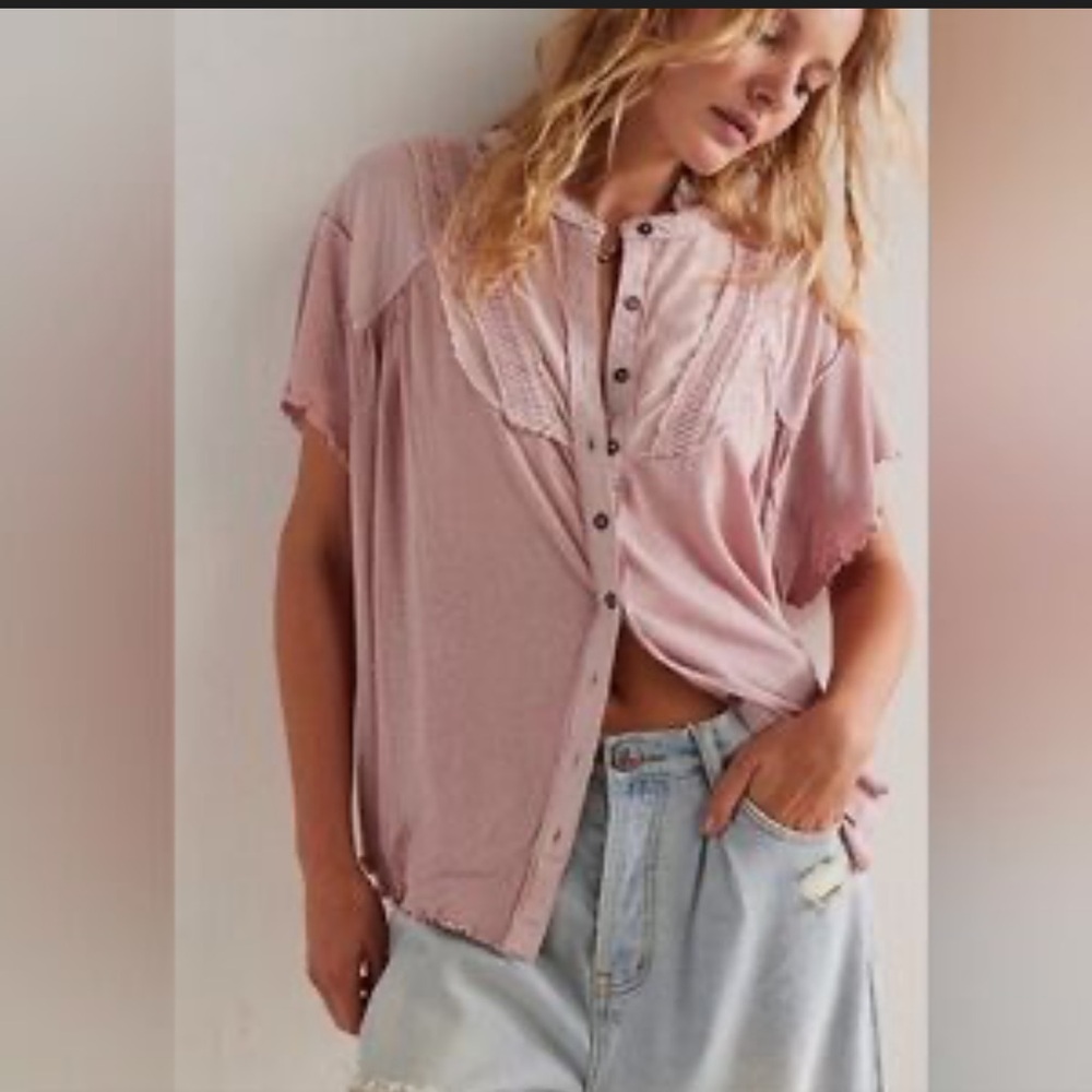 Free People Sofia Henley Top Size Medium in Pink Oversized Fit Button Front